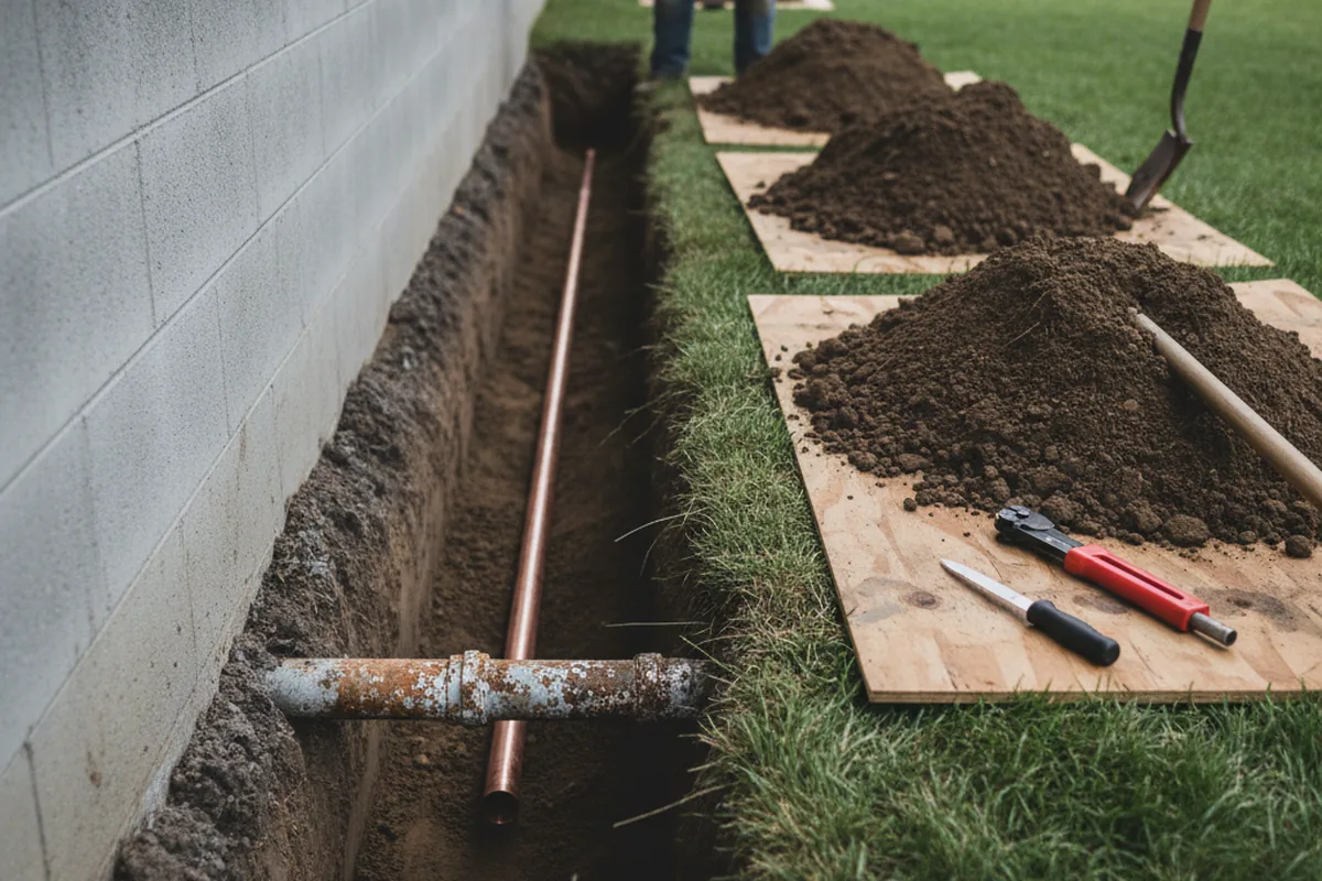 Excavated water line trench during Sewer Line Repair in State College